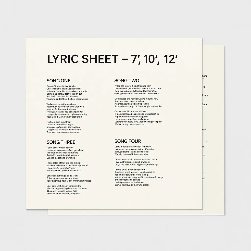 Lyric Sheets – Printed Inserts for 7″, 10″ & 12″ Lathe Cut Vinyl Records