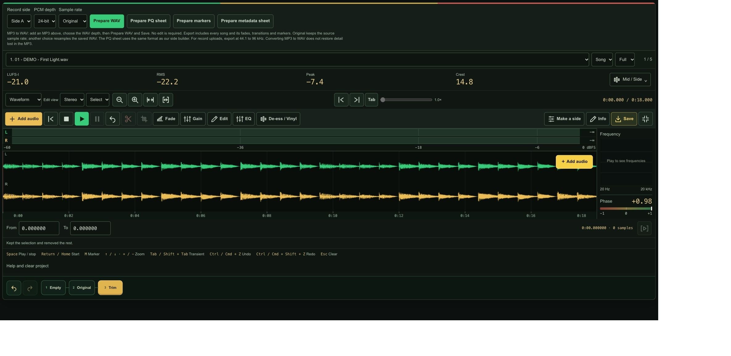 Actual audio editor Save panel after trimming the demo song to eighteen seconds