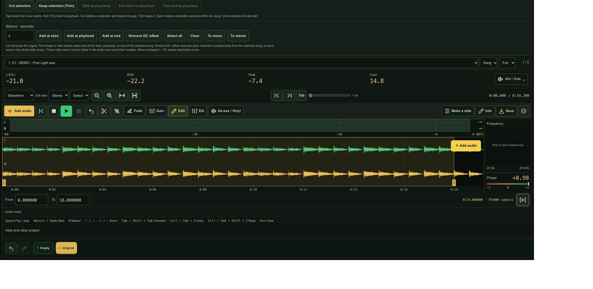 Actual LCVR audio editor showing waveform, Edit controls and selection fields